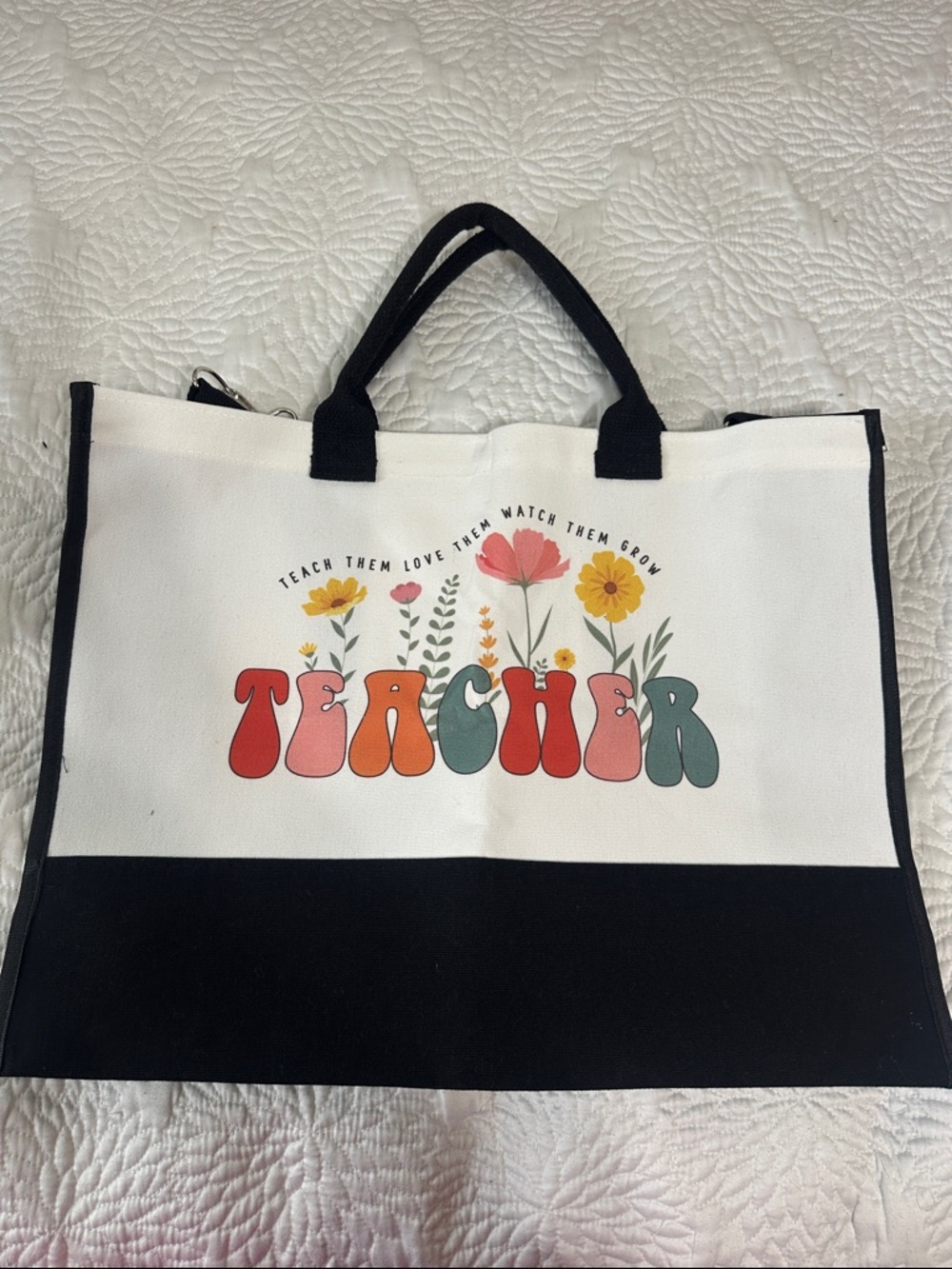 Teacher Floral Canvas Tote Bag in White and Black